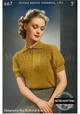 1940's Pretty Lace Stripe Polo Style Sweater Knitting Pattern Bust 35-36 - Image 1 of 2