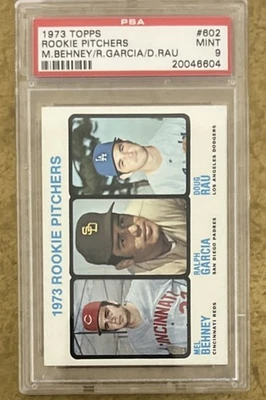 1973 Topps Set-Break #602 Rookie Pitchers M.Behney, R.Garcia, D.Rau PSA 9 MINT - Image 1 of 2