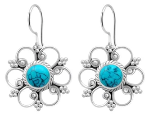 Silver Retro Vintage Style Flower Bohemian Natural Stone Turquoise Earrings 1"L - Picture 1 of 3