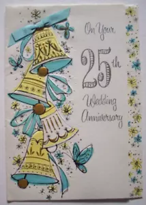 Bells butterfly ribbon emboss 25th Wedding Anniversary vintage greeting card CC6 - Picture 1 of 3
