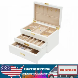28CM Große Holz Schmuck Aufbewahrungsbox Weiß 3 Schichten Organizer 2 Schubladen Schrank - Bild 1 von 18