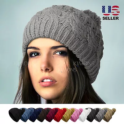 POM-POM Knit Slouchy Baggy Beanie Oversize Winter Hat Ski Cap Skull Women Solid - Image 1 of 3