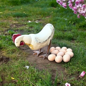 Vintage Hand Carved Wooden Chicken & Eggs Painted Folk Art Rustic Farm Decor 12” - Picture 1 of 9