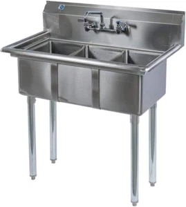 Commercial Stainless Steel 36" 3 Compartment Kitchen Sink with Faucet - Picture 1 of 3