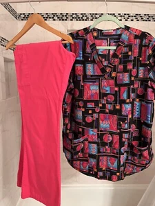 Scrub sets women large, Lg. Dickies Pant &Lg. Cherokee Top, Pink, Black design - Picture 1 of 8