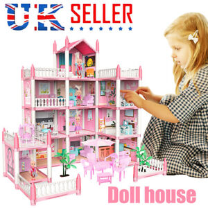 Barbie DreamHouse Dollhouse Furniture LED Light Pink Girl Toys 4 Tier 11 Rooms