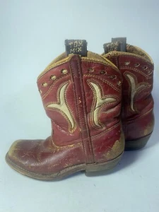 Vintage Tom Mix Kids Cowboy Boots Red W/ White Inlay - Picture 1 of 11