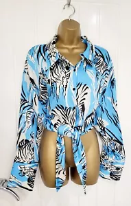 ZARA size 12 14 M Gorgeous blue zebra satin tie cropped blouse top shirt VGC - Picture 1 of 5