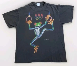 Vintage Hanes 90s USA Olympic Gymnastics Frog Black T Shirt Large - Picture 1 of 14