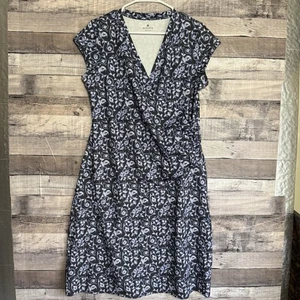 Athleta Women Faux Wrap Floral Knee Length A Line V Neck Dress Gray Blue XL - Picture 1 of 7