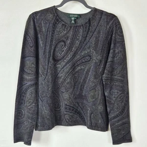 Ralph Lauren Gray Paisley Print Silk Cashmere Crewneck Lightweight Sweater  Lg - Picture 1 of 12