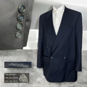 Blazer Jacket Mens 40L 42L Navy Blue Solid Wool Double Breasted Peak Six Buttons - Picture 1 of 10