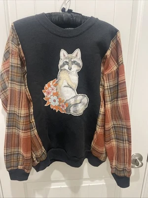 SUDADERA RECICLADA Sudadera Negra Gráfico Zorro Naranja Mangas a Cuadros Foto 1 de 4