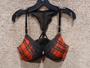 Cacique Bra Women's 42D Boost Plunge Red Tartan Plaid Lace Racerback - Picture 1 of 4