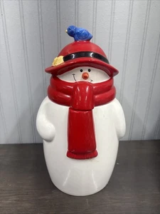 Biscottiera pupazzo di neve Hustin Harvest ceramica bianca con cappello rosso, sciarpa, Bluebird - Foto 1 di 8