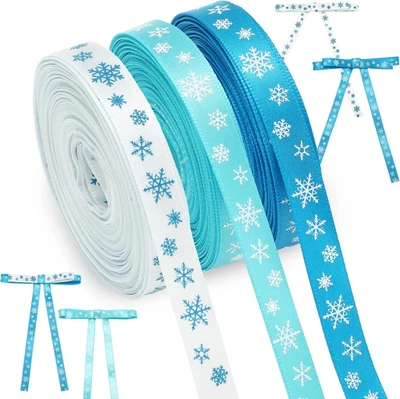 6 Rolls 60 Yards Frozen Snowflake Ribbon 3/8" Wide Blue White Snowflake Wired Ed - Image 1 of 4