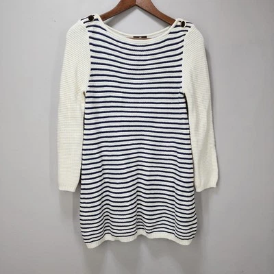 H&M Womens Medium Navy Blue Cream Striped 3/4 Sleeve Tunic Sweater Summer Weight - Image 1 of 4