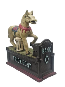 VINTAGE TRICK PONY GUSSEISEN BANK MECHANISCH SPARSCHWEIN ZIRKUS PFERD SAMMLERSTÜCK - Bild 1 von 9