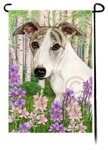 Spring Flowers Garden Flag - Fawn Brindle and White Whippet - Foto 1 di 1