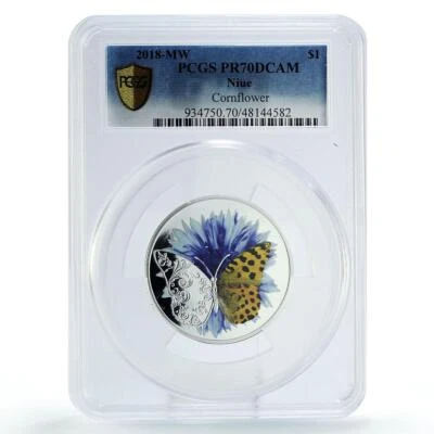 Niue 1 dollar Cornflower Butterfly Flora Fauna PR70 PCGS silver coin 2018 - Image 1 of 2