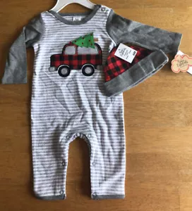 Baby Essentials 2-Piece Buffalo Plaid Accents Outfit & Hat 6M Christmas SUV - Picture 1 of 5
