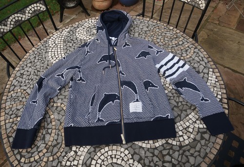 Thom Browne Dolphin Felpa con Cappuccio Maglione Zip Blu Navy Taglia 1