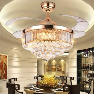 42"Gold Crystal LED Chandelier Invisible Ceiling Fan Light Ceiling Lamp w/Remote - Image 1 of 4
