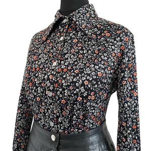 Vintage 1970s Floral Shirt Black Retro Mod Top Blouse Short Arms Petite S 8 10 - Picture 1 of 6