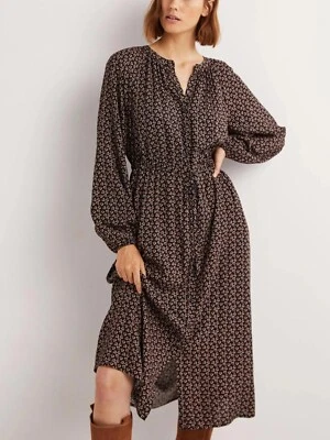 Vestido midi Boden para mujer con detalle de cintura y corbata negro floral botón delantero talla 6 Foto 1 de 4