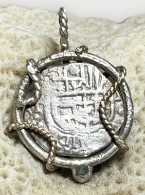 Authentic Spanish-Colonial Era 1-Real Silver Shipwreck Cob Coin in Emerald Bezel - Image 1 of 4