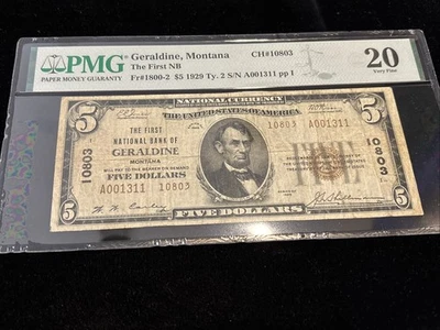 1929 $5 First National Bank GERALDINE Montana National Currency CH# 10803 RARE ! - Image 1 of 4
