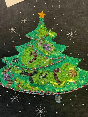 Vintage Quacker Factory Christmas Tree Sweater Black Womans 3x Beaded V-neck LS - Image 1 of 2