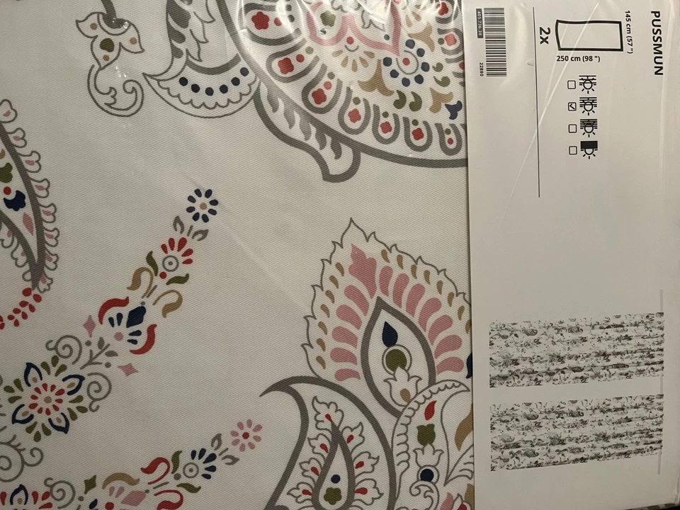 Ikea PUSSMUN Curtains 57x98 " 1 pair white/multicolor paisley 405.736.38