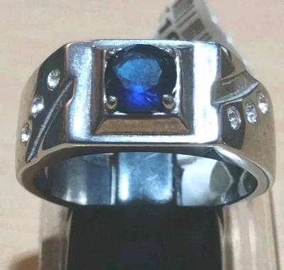 Men's Silver Stainless Steel Pinky Ring Size 10 | Sapphire Blue CZ Solitaire  - Image 1 of 4