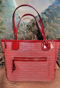 Coach Red Handbag Poppy Oxford Signature Shoulder Jacquard Gold #25051 EXCELLENT - Picture 1 of 11