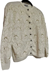 Vintage 1960s Orlon Acrylic Cardigan Sweater M Gold Metallic Stitched Union USA - Picture 1 of 11