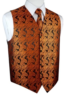 MEN'S BURNT ORANGE PAISLEY TUXEDO VEST, TIE & HANKIE. WEDDING DRESS FORMAL PROM - Image 1 of 4