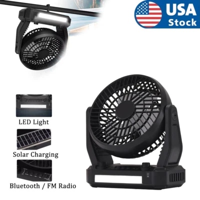 Portable Solar Camping Fan Rechargeable Bluetooth Speaker USB FM Radio w/ Light - Image 1 of 4