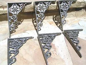 SIX Cast Iron Wall Shelf Brackets, small braces, corbels, Gray - Picture 1 of 10