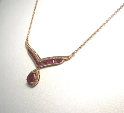 14K Rose Gold Pendant Necklace w Ruby and Diamond 5.1 grams  Heat Treated Rubies - Image 1 of 4