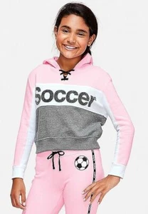 JUSTICE ACTIVE SOCCER CROPPED SWEATSHIRT HOODIE & JOGGER PANT OUTFIT PINK GRAY 8 - Picture 1 of 12