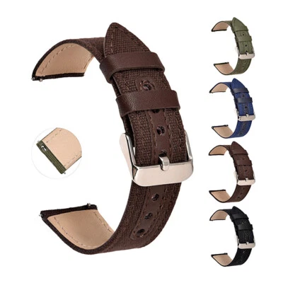 New Men's Two-Piece Canvas Fabric+Bottom Leather Watch Strap Band 18 20 22 24mm - Image 1 of 4