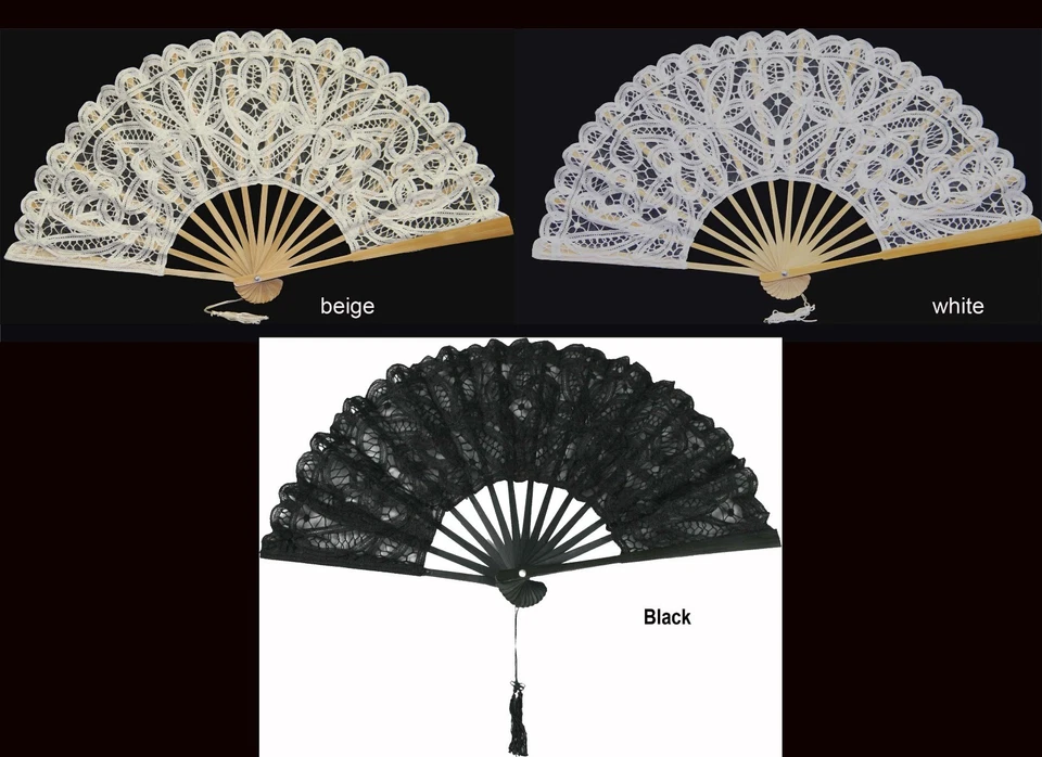 Battenburg Lace Victorian Civil War Fan Beige White or Black Wedding Supplies  - Image 1 of 1