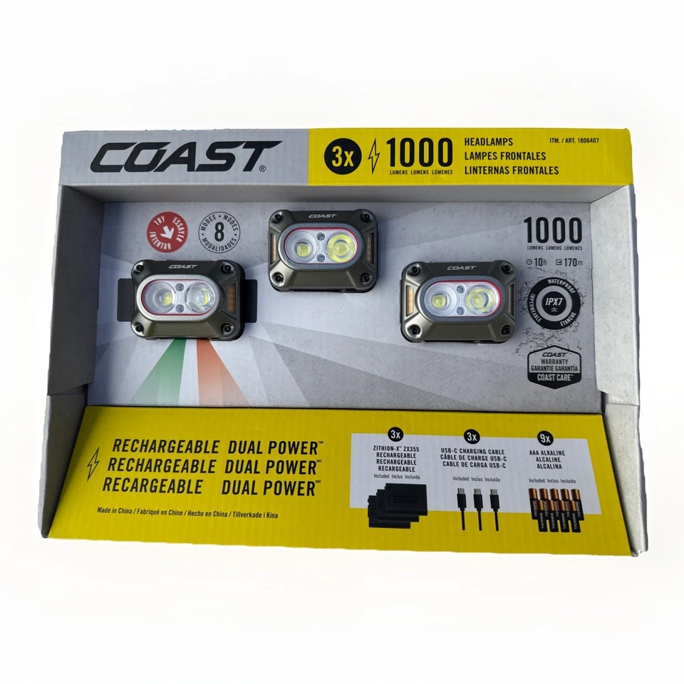 COAST (3 Pack) CH1000R 1000 Lumens Rechargeable Dual Power Headlamp 8 Modes IPX7