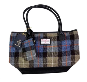 Harris Tweed British Green Handwoven Plaid Tote Bag Leather Trim - Picture 1 of 7