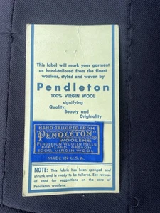 Vintage NOS Pendleton Woolen Mills Virgin Wool Clothing Tag “Hand Tailored From” - Picture 1 of 2