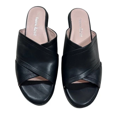 Sandalias para mujer Taryn Rose de cuero negro abiertas entrecruzadas Saura cuña talla 6,5 M Foto 1 de 4