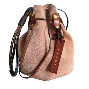 Marni Bucket Drawstring Handbag Shoulder Bag Suede Leather Dusty Pink Authentic - Picture 1 of 19