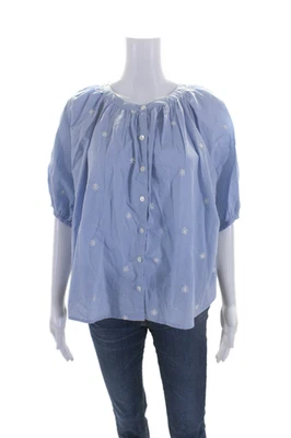 Velvet Womens Cotton Embroidered Short Sleeve Button Up Blouse Top Blue Size XS - Image 1 of 4