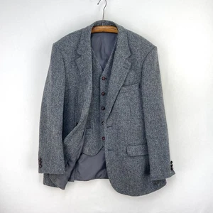Harris Tweed Jacket & Waistcoat Mens 40R Blue Grey Barleycorn Wool Country Suit - Picture 1 of 20
